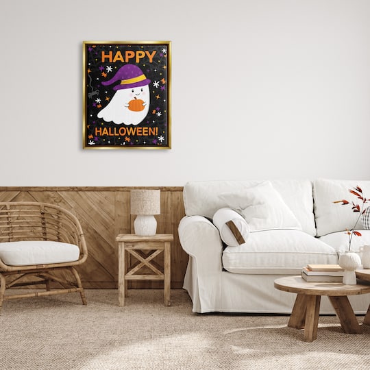 Stupell Industries Happy Halloween Happy Ghost Framed Floater Canvas Wall Art